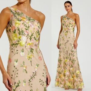 NWT Mac Duggal Beige One Shoulder Lace Embroidered Floral Gown $598 - Size 8
